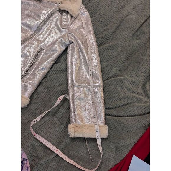 NWOT TOMMY HILFIGER Distressed Silver Metallic Shearling Motorcycle Jacket XL - Picture 5 of 7